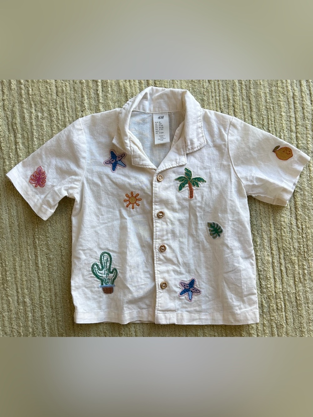 H&M Baby White Embroidered Tropical Button-Down Shirt